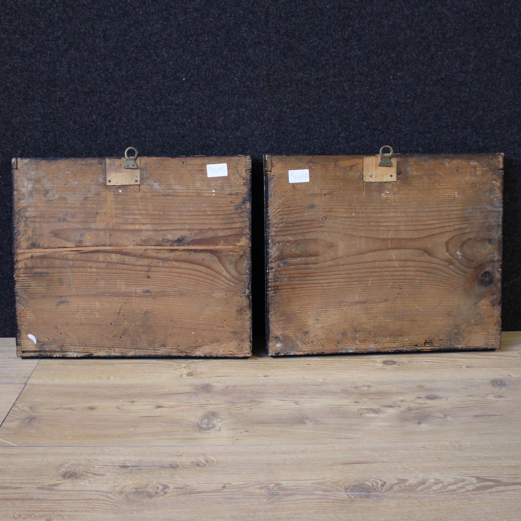 Antica coppia di dipinti su vetro del XVII secolo, baccanale di putti e satiri-photo-5