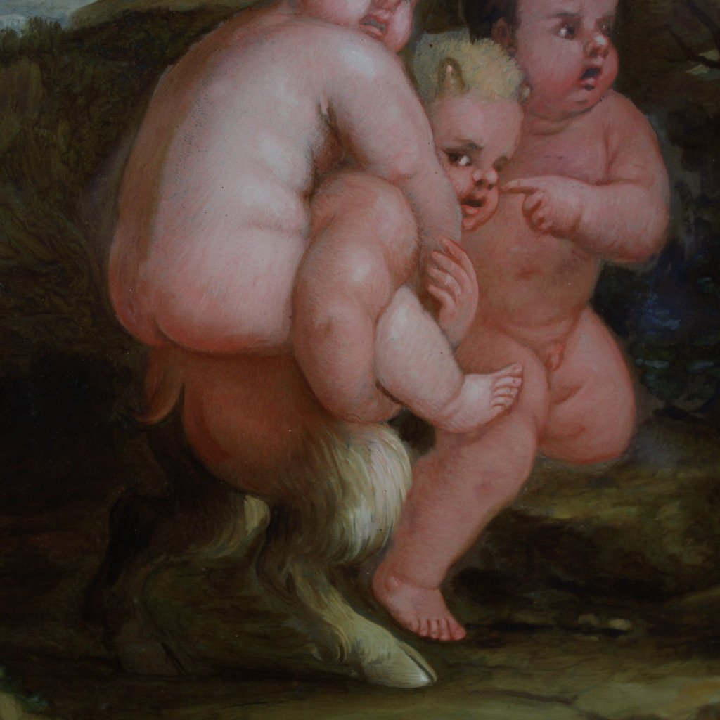 Antica coppia di dipinti su vetro del XVII secolo, baccanale di putti e satiri-photo-6