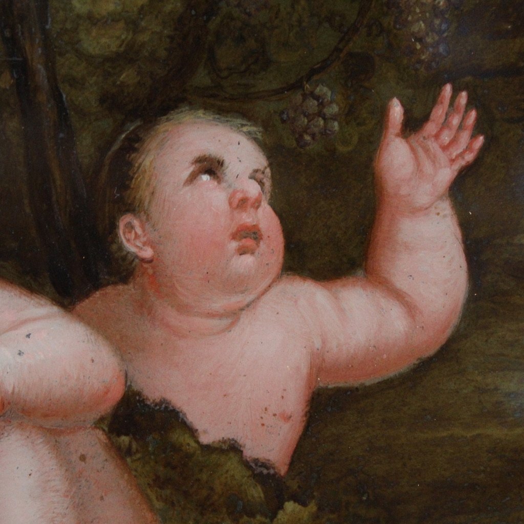 Antica coppia di dipinti su vetro del XVII secolo, baccanale di putti e satiri-photo-8