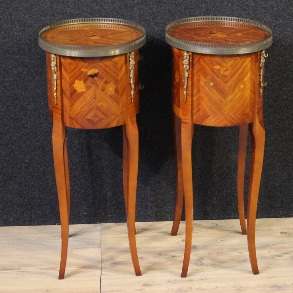 Coppia di comodini francesi ovali intarsiati del XX secolo-photo-8