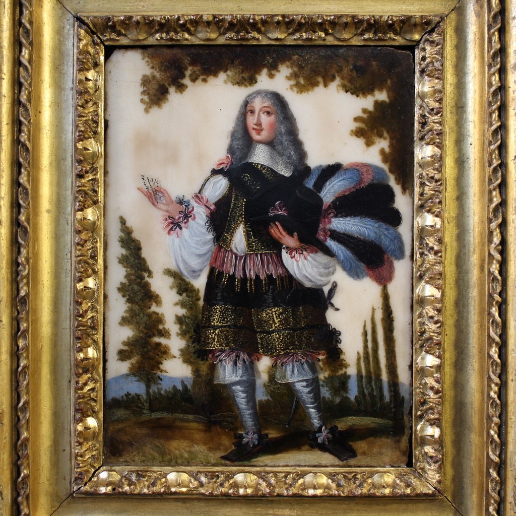 Antico dipinto su marmo del XVII secolo, ritratto di nobile sudamericano-photo-2