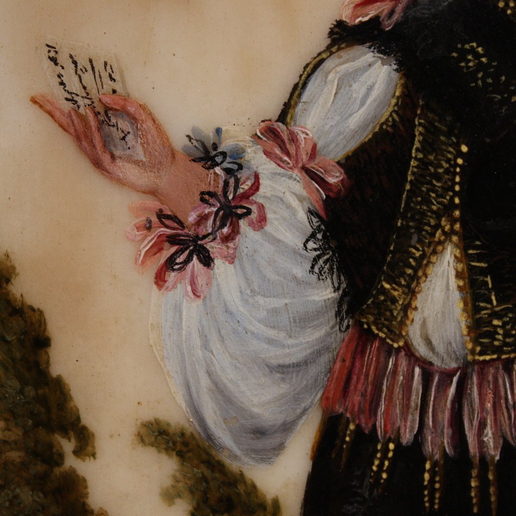 Antico dipinto su marmo del XVII secolo, ritratto di nobile sudamericano-photo-2