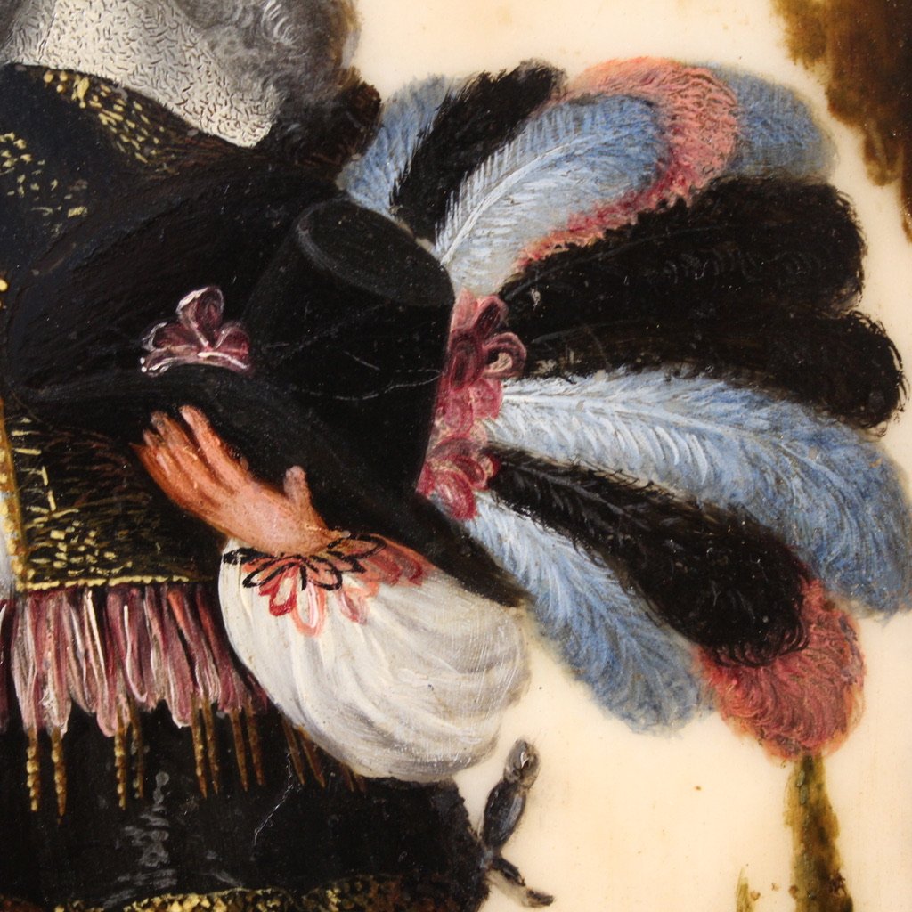 Antico dipinto su marmo del XVII secolo, ritratto di nobile sudamericano-photo-7