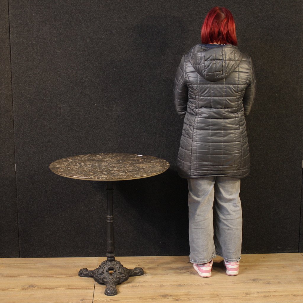 Tavolino francese da bistrot in ferro con piano in marmo del XX secolo-photo-2