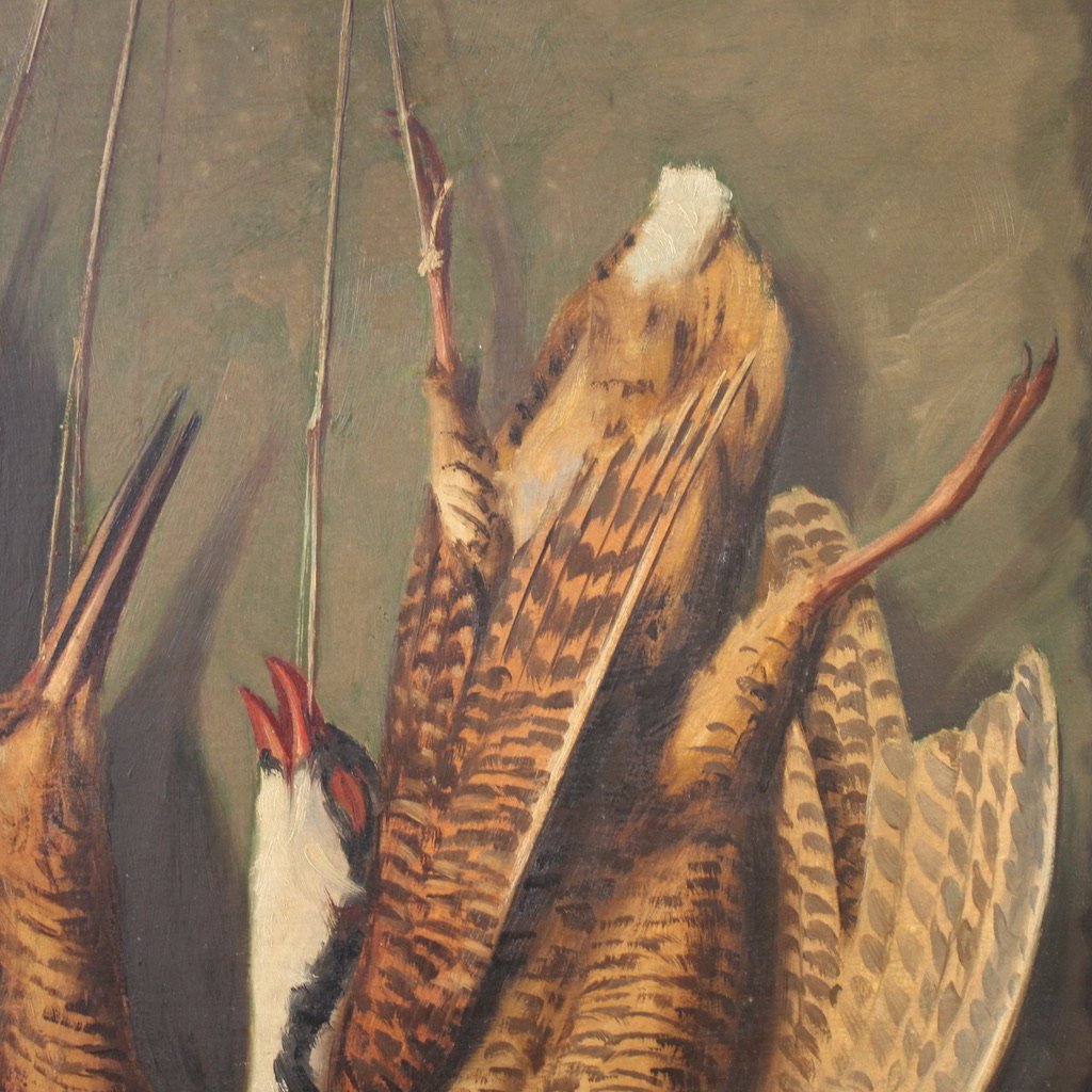 Dipinto italiano del XX secolo, natura morta con cacciagione-photo-6