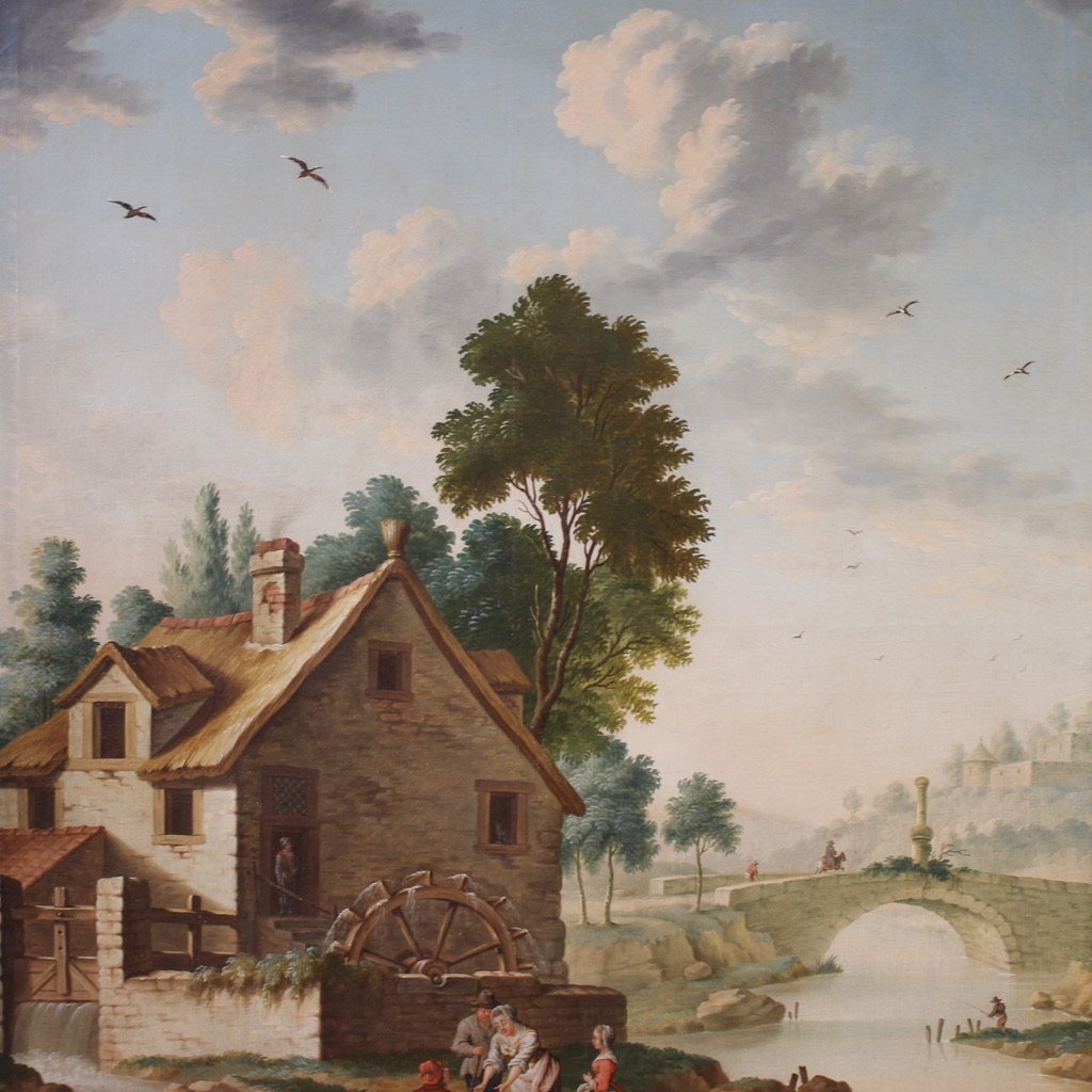 Grande quadro italiano del XVIII secolo, paesaggio di campagna con scena di genere-photo-3