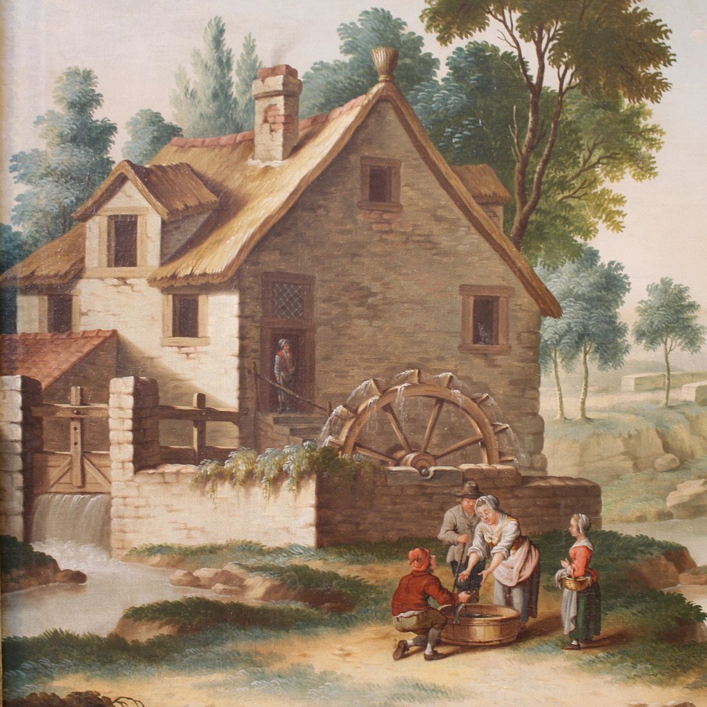 Grande quadro italiano del XVIII secolo, paesaggio di campagna con scena di genere-photo-4