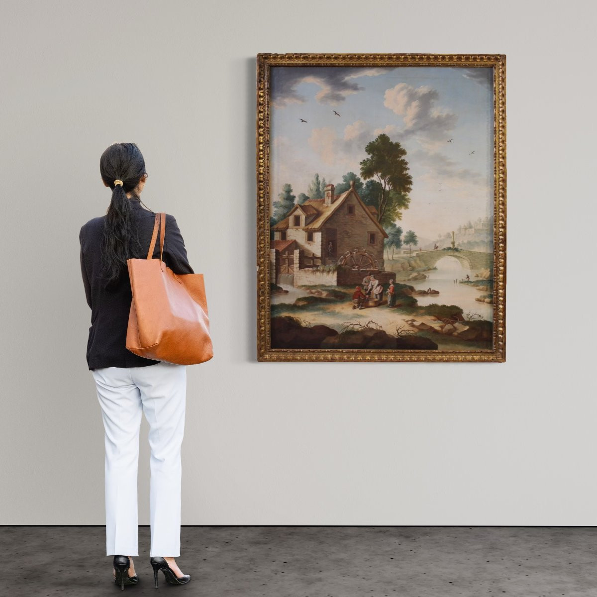 Grande quadro italiano del XVIII secolo, paesaggio di campagna con scena di genere-photo-1