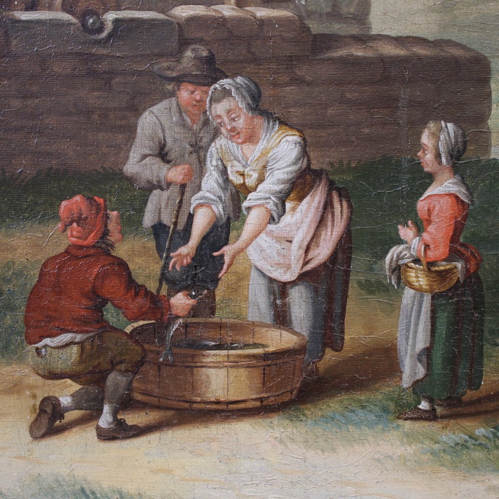 Grande quadro italiano del XVIII secolo, paesaggio di campagna con scena di genere-photo-3