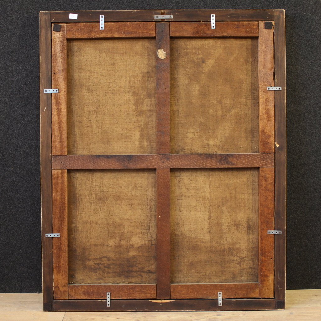 Grande quadro italiano del XVIII secolo, paesaggio di campagna con scena di genere-photo-4