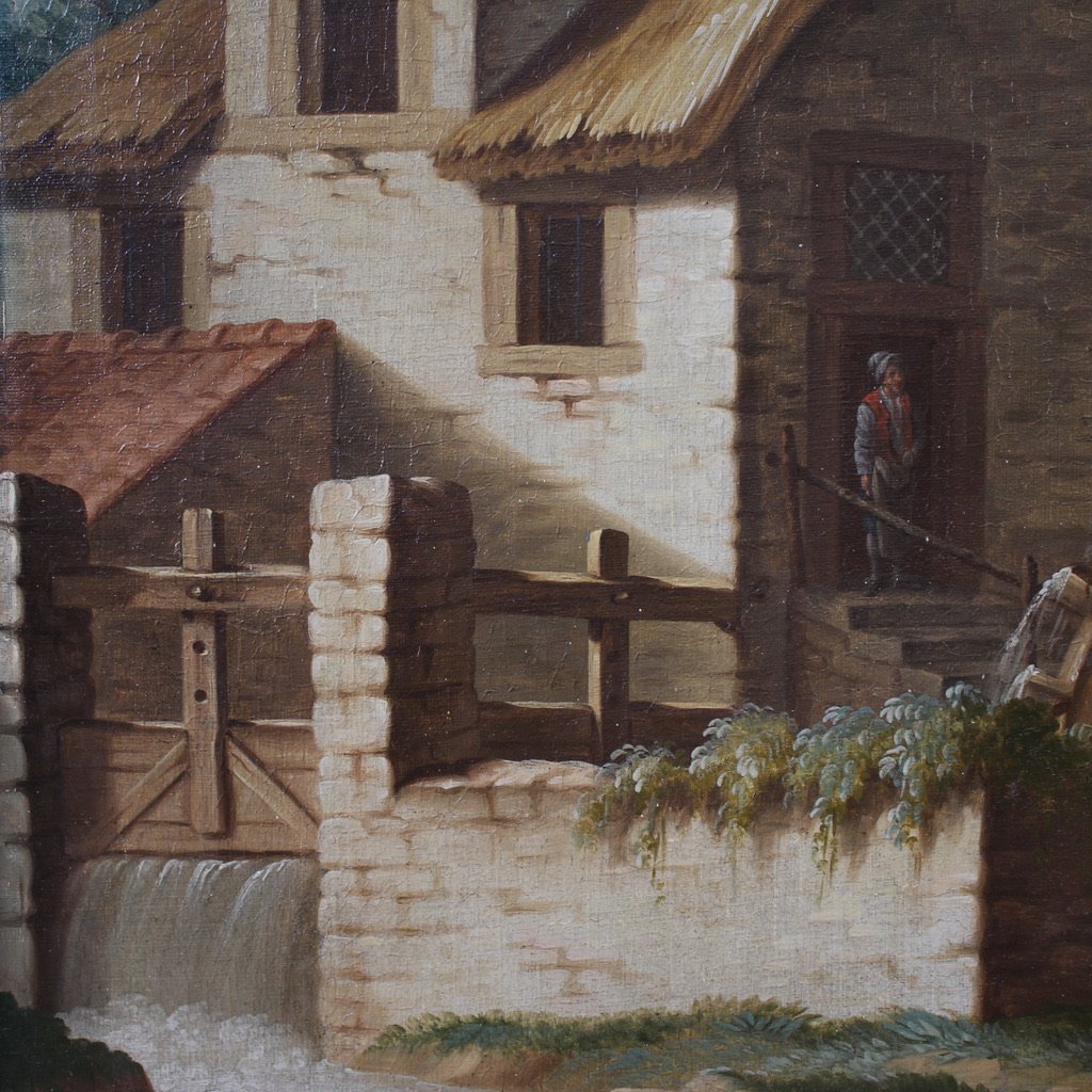 Grande quadro italiano del XVIII secolo, paesaggio di campagna con scena di genere-photo-7