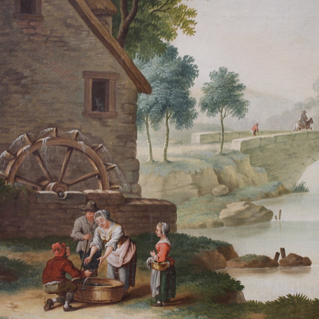 Grande quadro italiano del XVIII secolo, paesaggio di campagna con scena di genere-photo-8