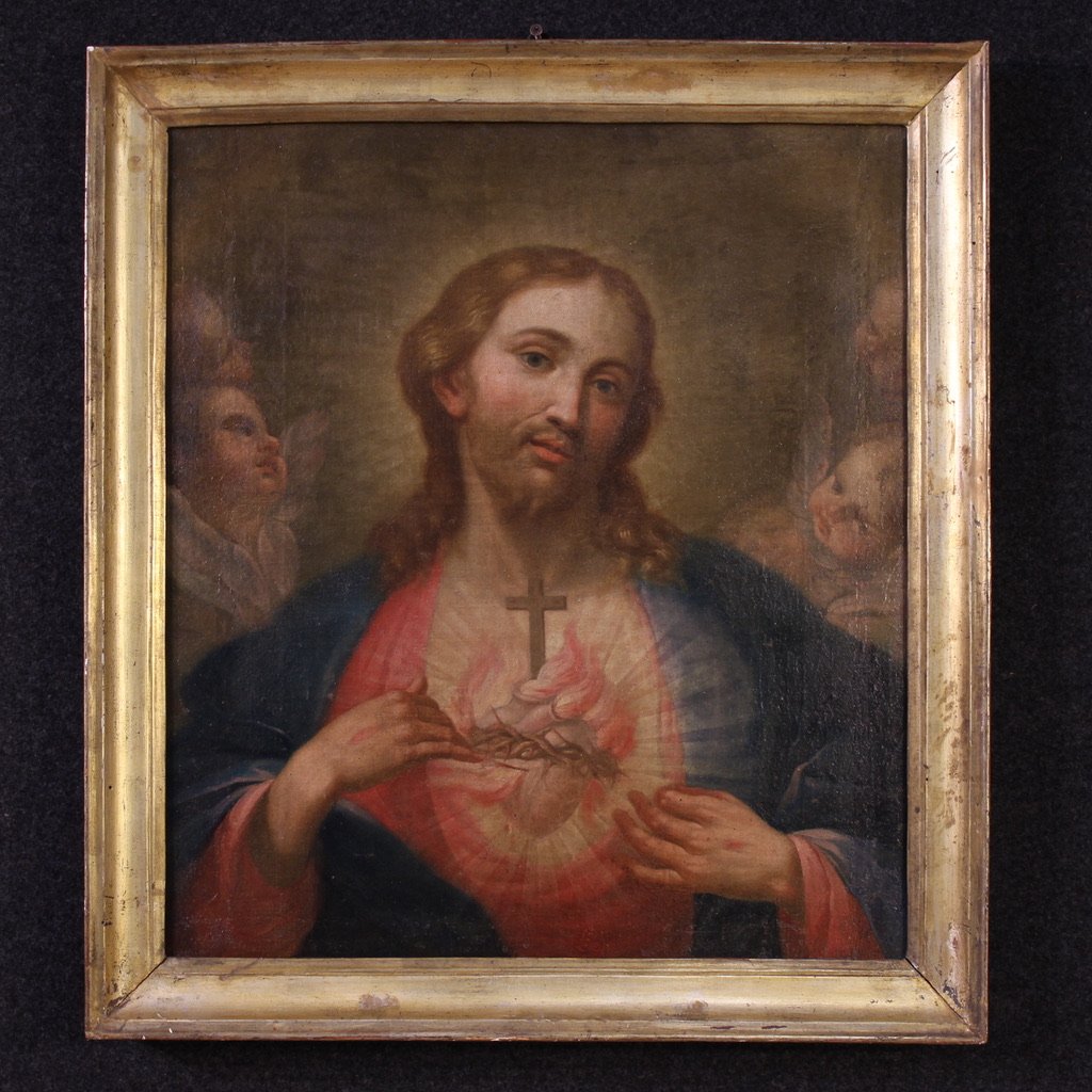 Antico dipinto italiano Sacro cuore di Gesù del XVIII secolo-photo-2
