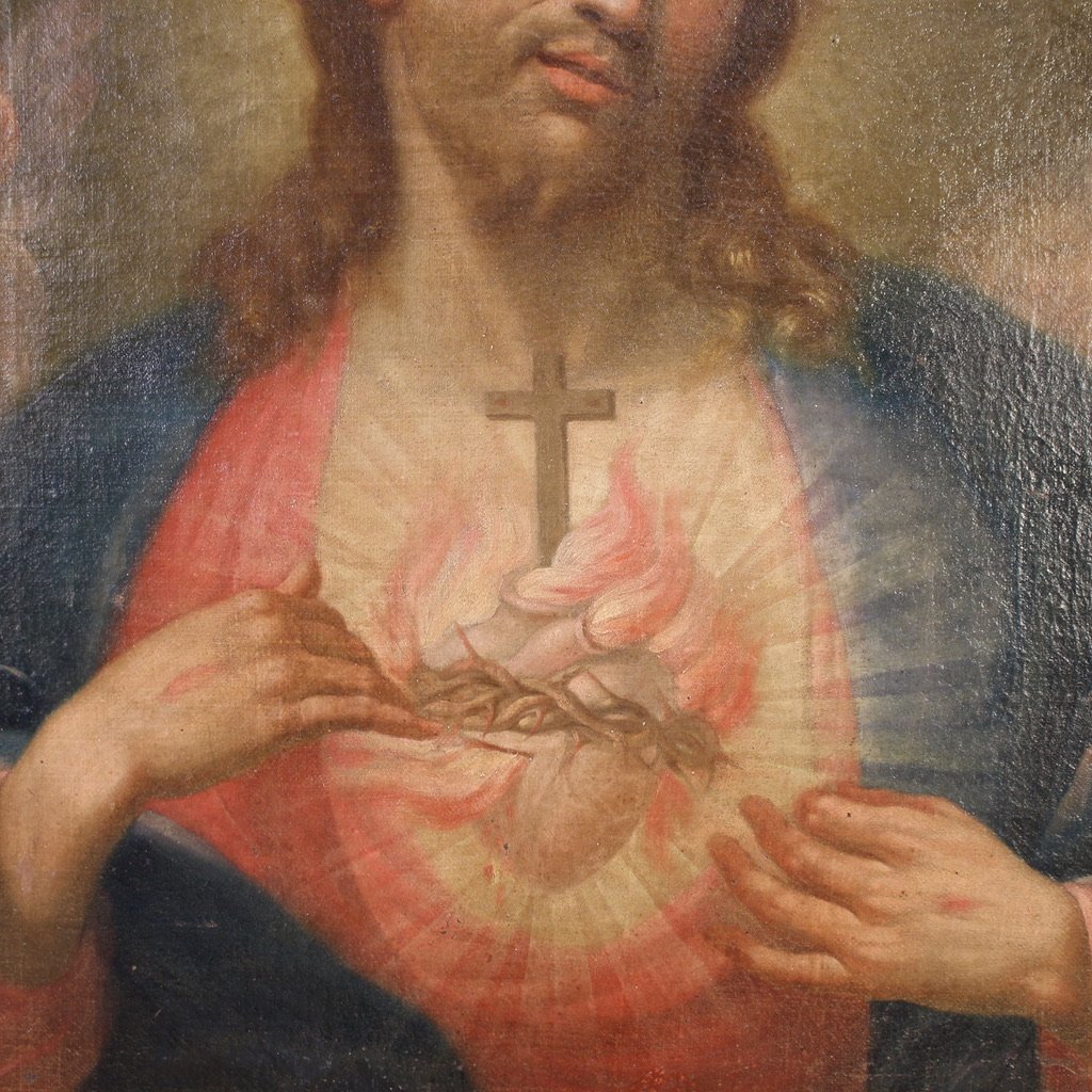 Antico dipinto italiano Sacro cuore di Gesù del XVIII secolo-photo-4