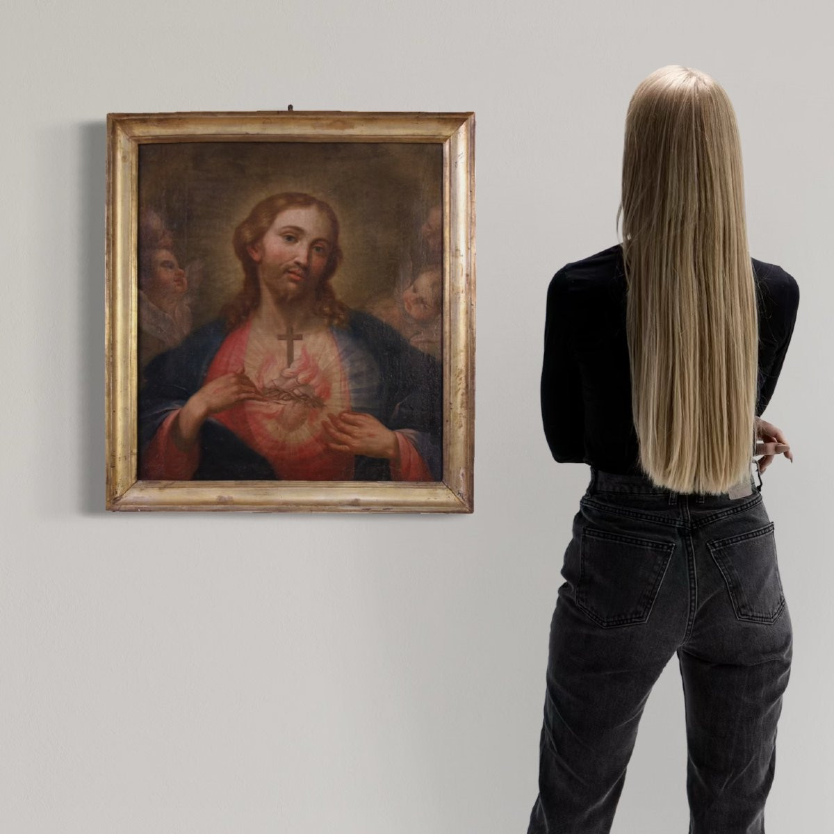 Antico dipinto italiano Sacro cuore di Gesù del XVIII secolo-photo-1
