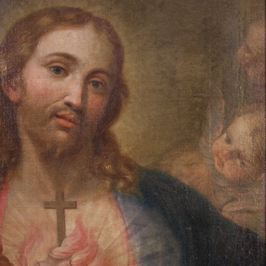 Antico dipinto italiano Sacro cuore di Gesù del XVIII secolo-photo-4