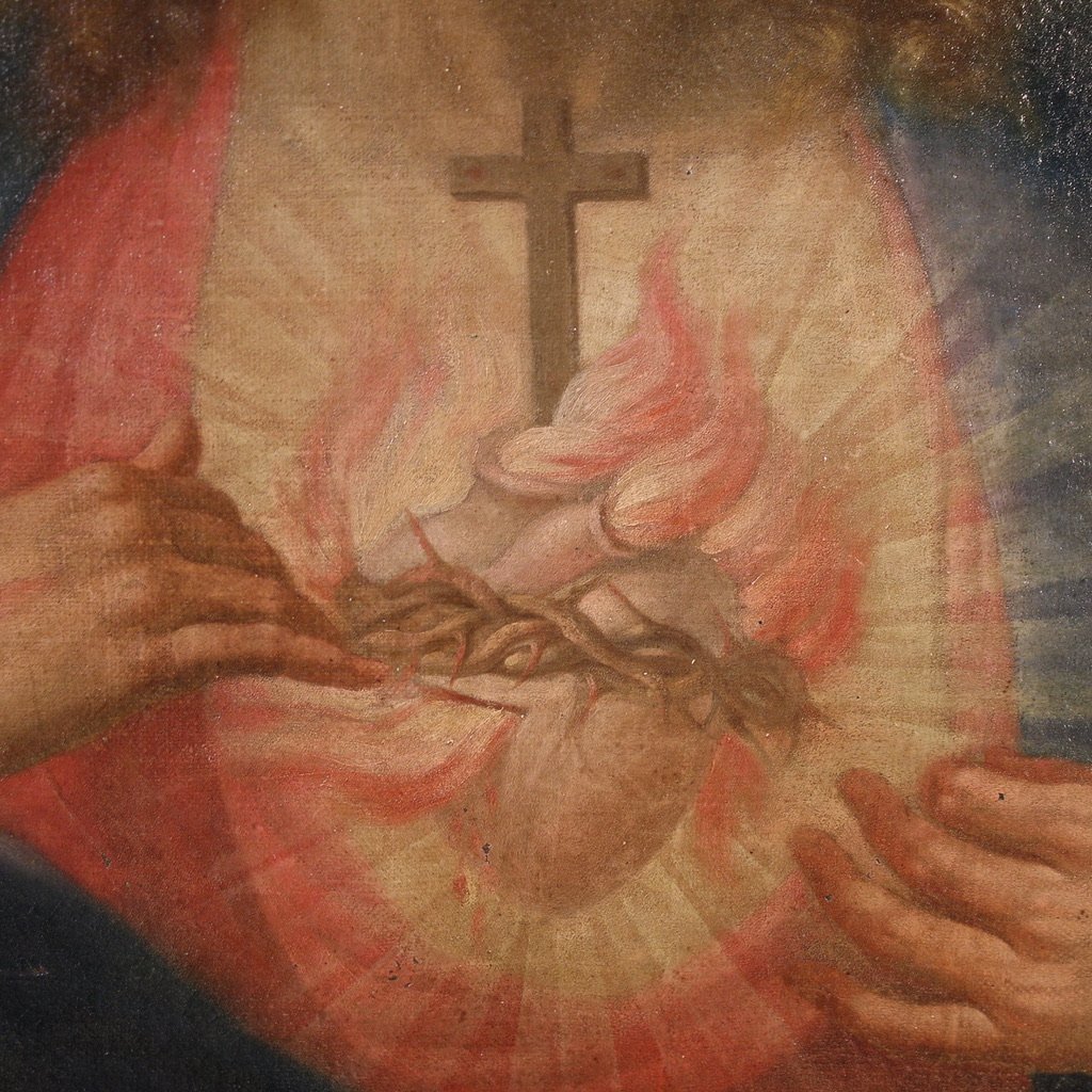 Antico dipinto italiano Sacro cuore di Gesù del XVIII secolo-photo-6