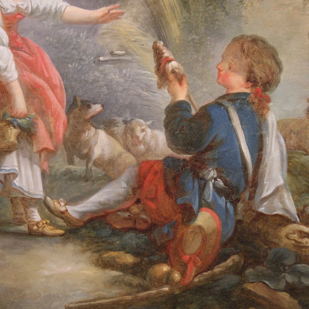 Grande dipinto francese del XVIII secolo, scena pastorale romantica-photo-4