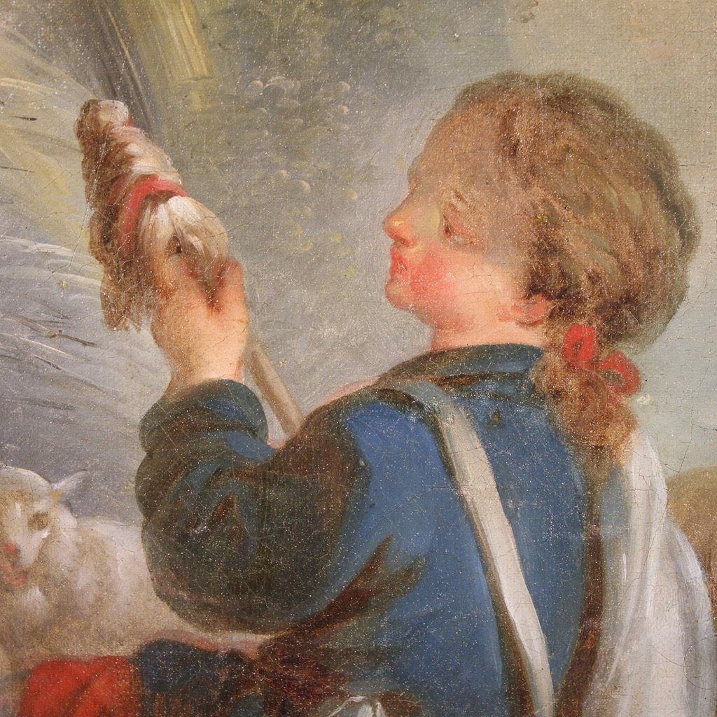 Grande dipinto francese del XVIII secolo, scena pastorale romantica-photo-8