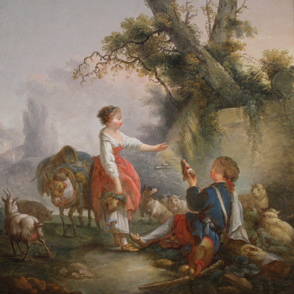 Grande dipinto francese del XVIII secolo, scena pastorale romantica