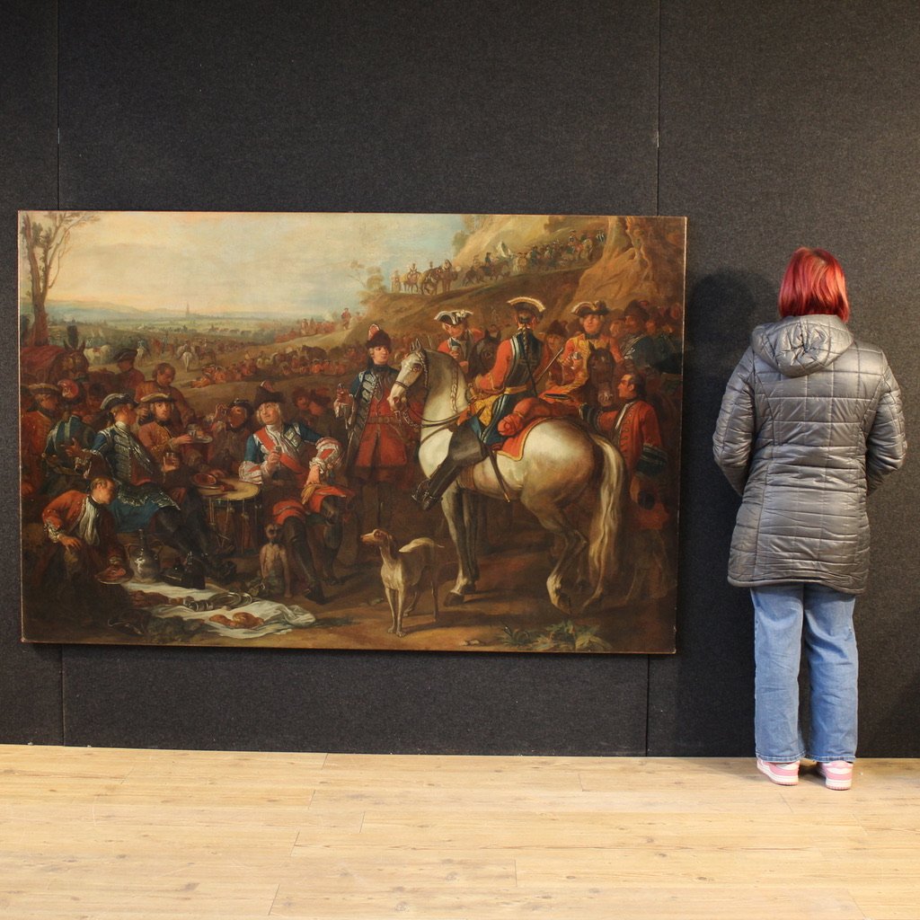 Grande quadro francese del XVIII secolo, fermata dei granatieri a cavallo della guardia del Re-photo-1