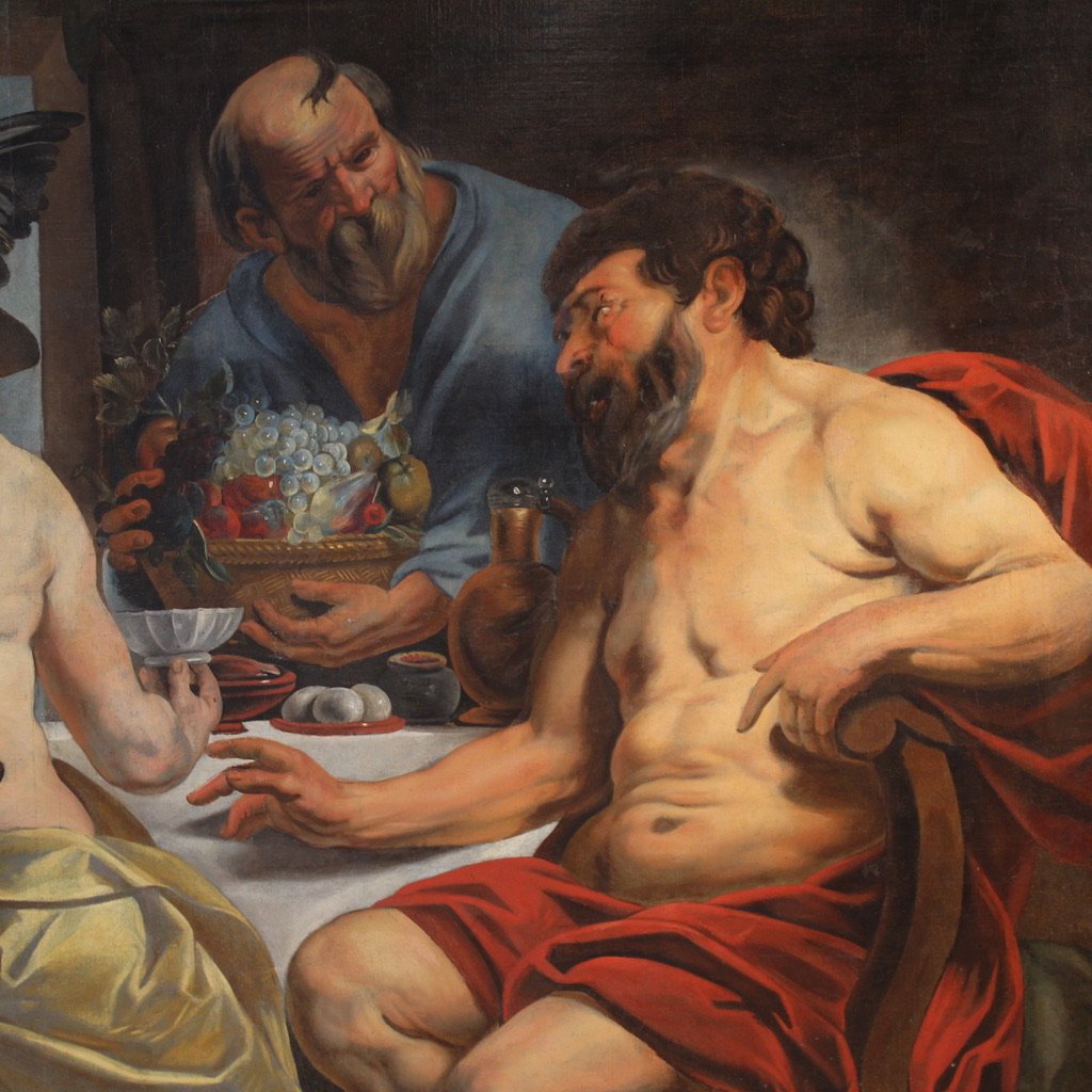 Grande dipinto mitologico del XVIII secolo, Filemone e Bauci visitati da Giove e Mercurio-photo-4