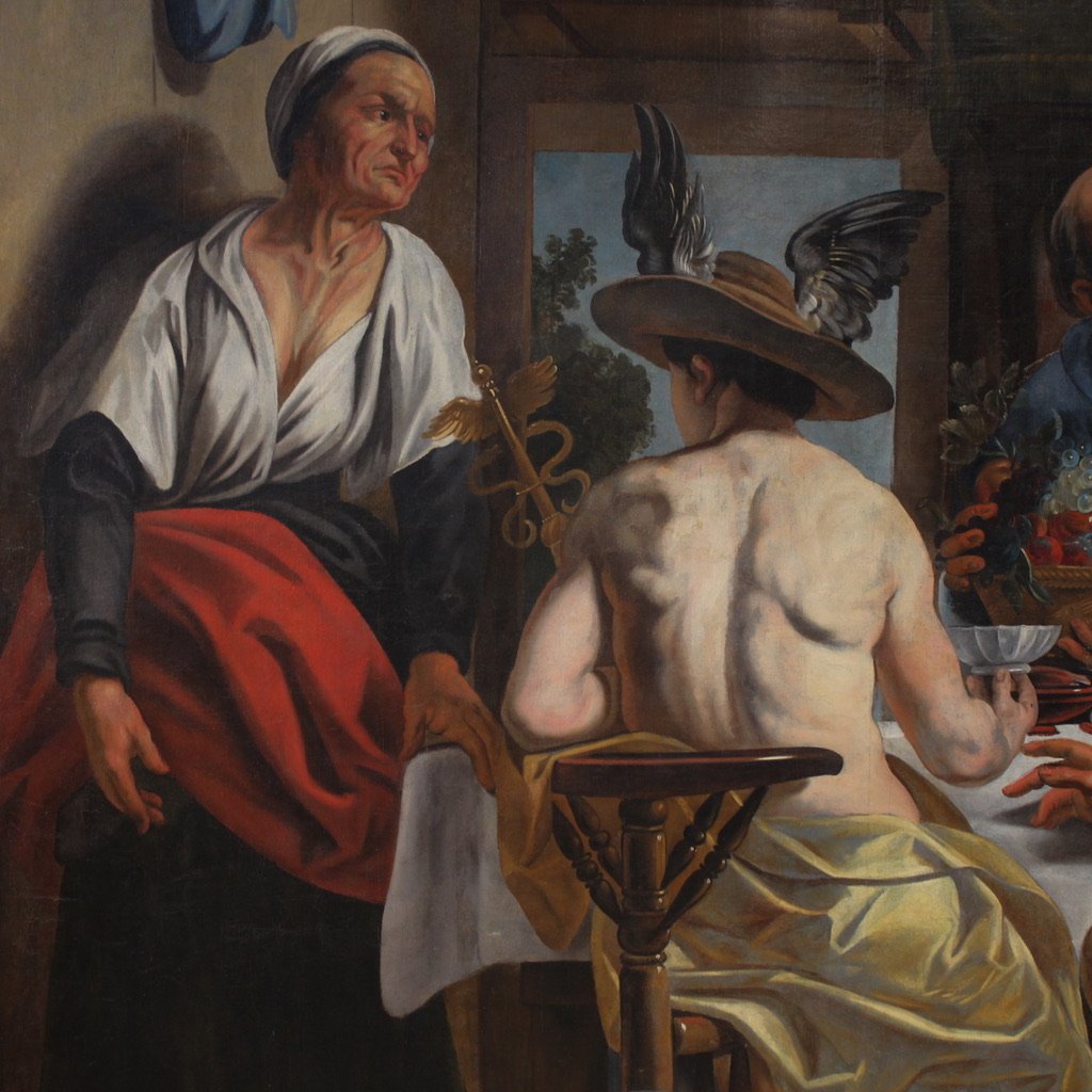 Grande dipinto mitologico del XVIII secolo, Filemone e Bauci visitati da Giove e Mercurio-photo-1