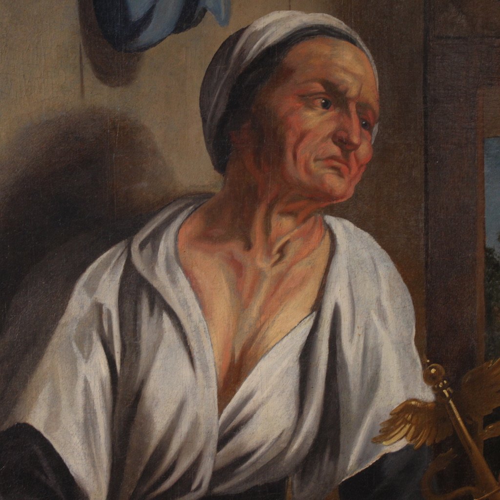 Grande dipinto mitologico del XVIII secolo, Filemone e Bauci visitati da Giove e Mercurio-photo-3