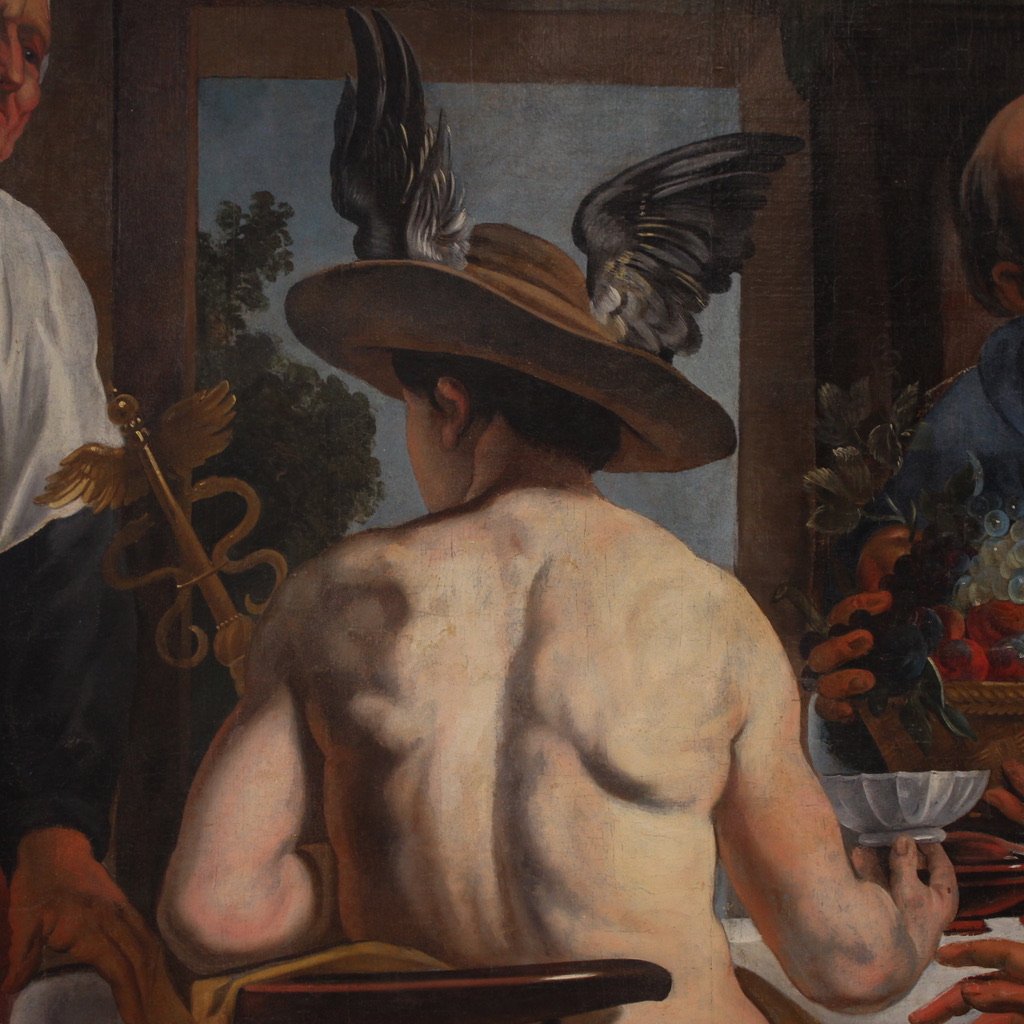 Grande dipinto mitologico del XVIII secolo, Filemone e Bauci visitati da Giove e Mercurio-photo-6