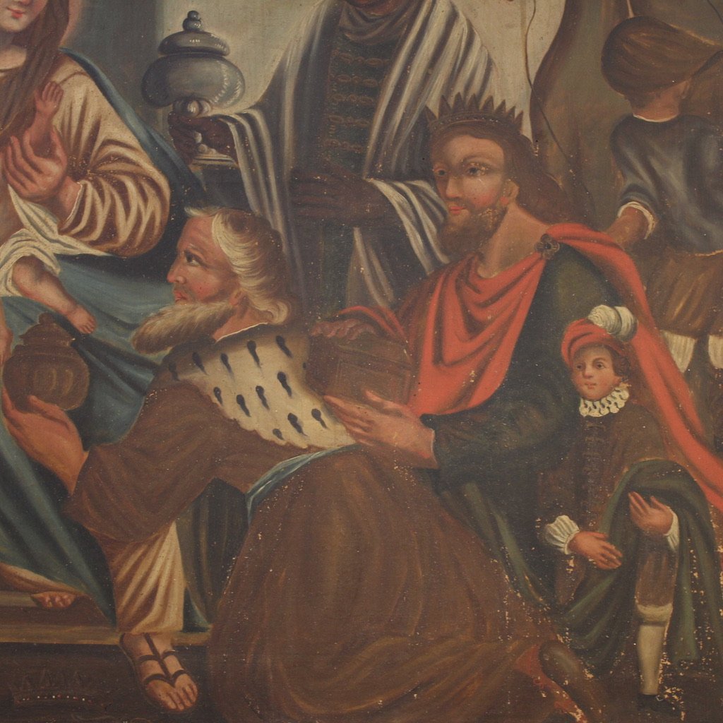 Dipinto spagnolo Adorazione dei Magi del XIX secolo-photo-4