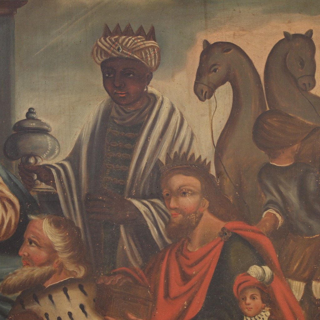 Dipinto spagnolo Adorazione dei Magi del XIX secolo-photo-2