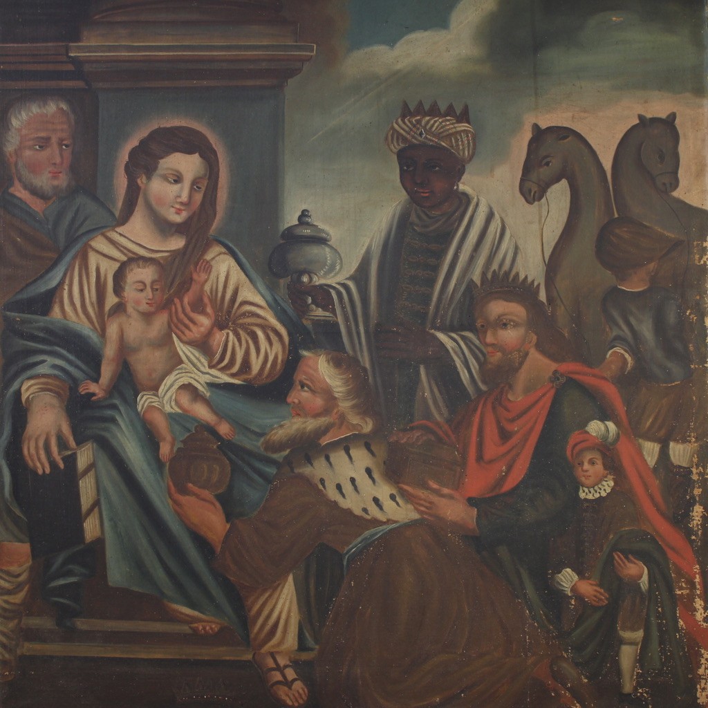 Dipinto spagnolo Adorazione dei Magi del XIX secolo