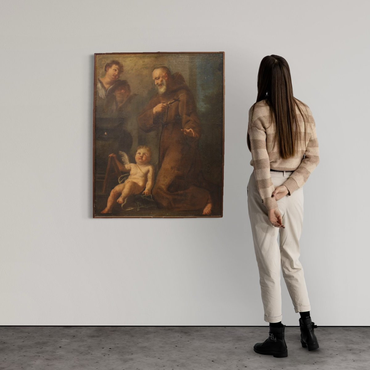 Antico dipinto Santo Francescano in preghiera con putti del XVII secolo-photo-2