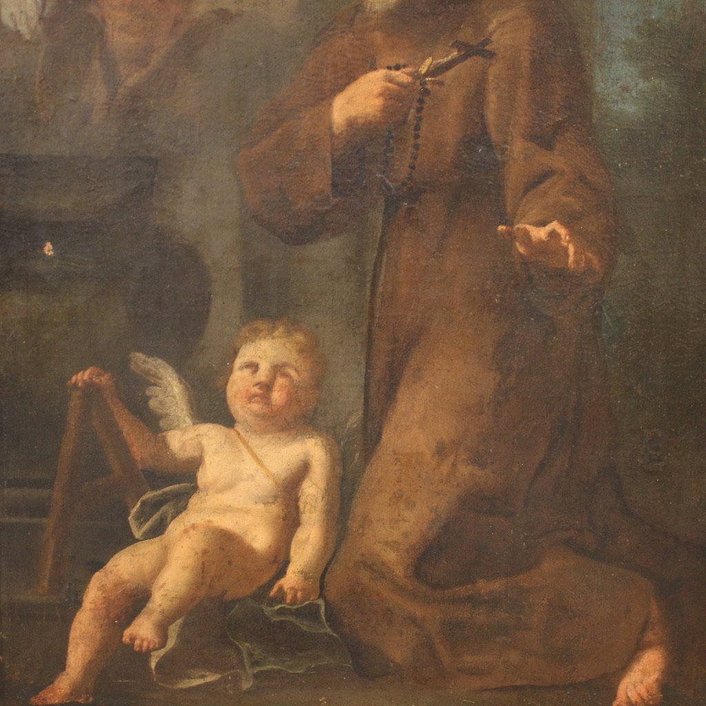 Antico dipinto Santo Francescano in preghiera con putti del XVII secolo-photo-4