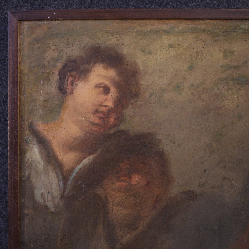 Antico dipinto Santo Francescano in preghiera con putti del XVII secolo-photo-2