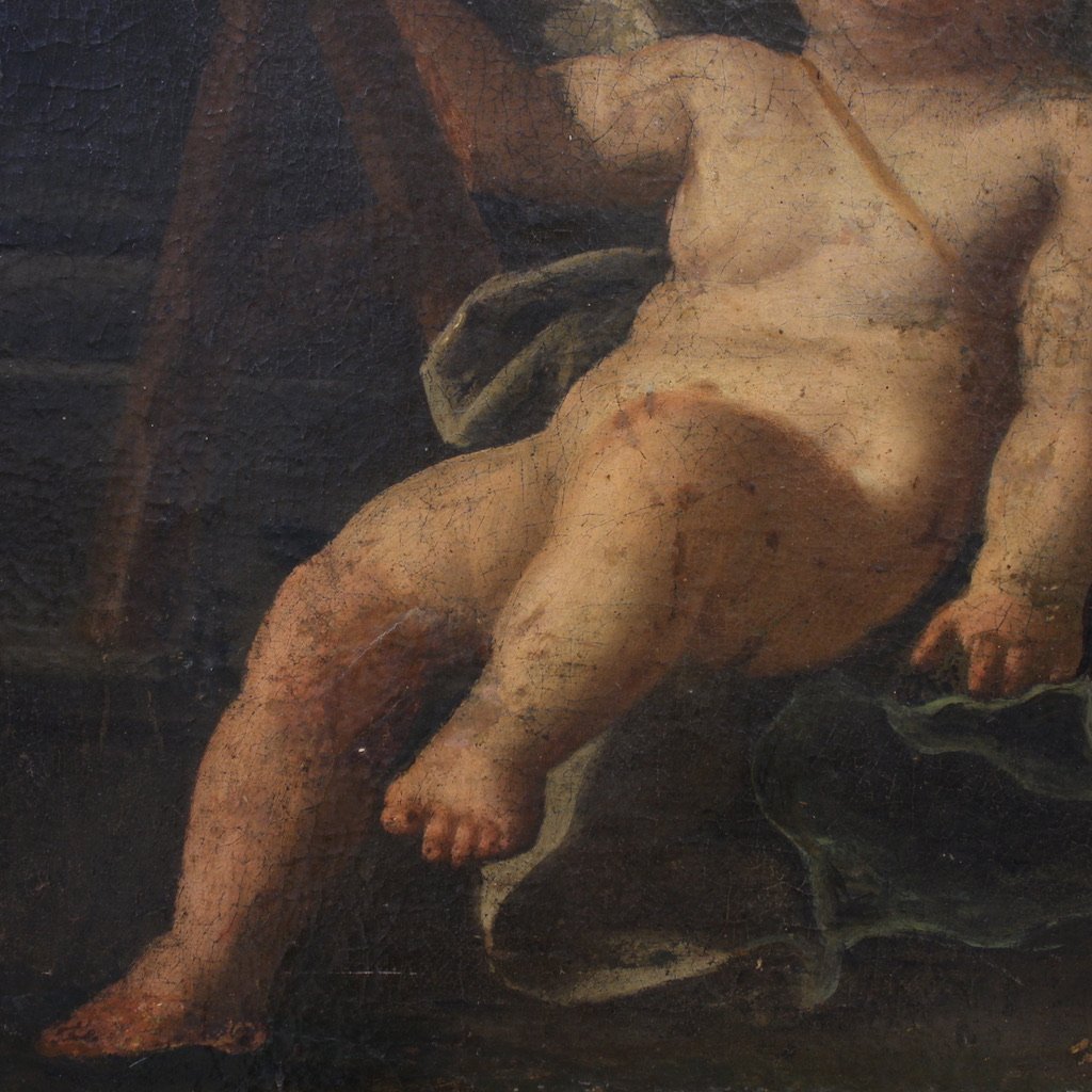 Antico dipinto Santo Francescano in preghiera con putti del XVII secolo-photo-3