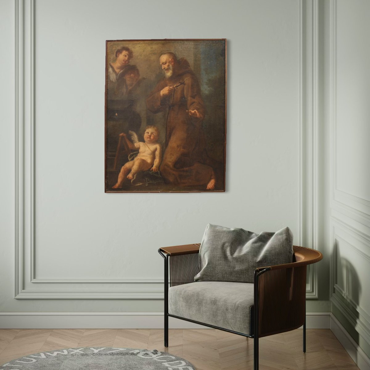 Antico dipinto Santo Francescano in preghiera con putti del XVII secolo-photo-6