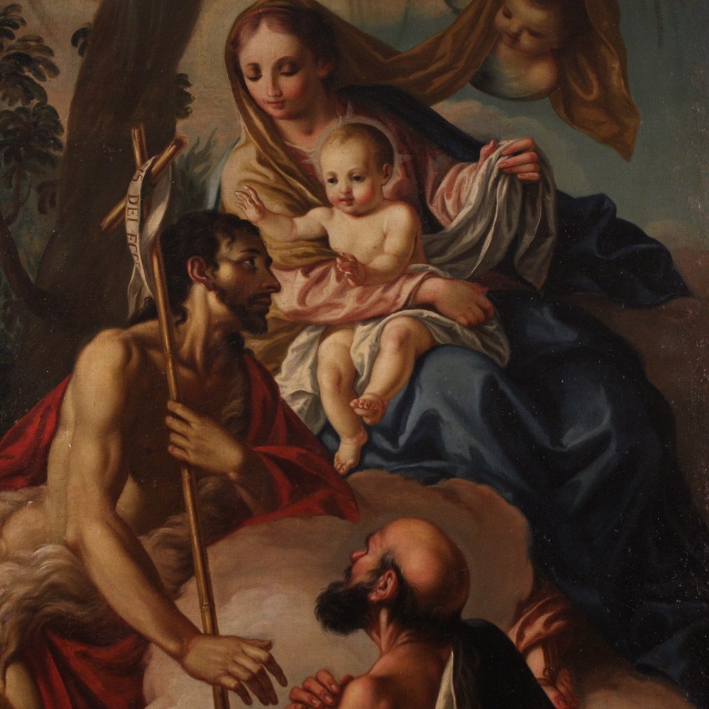 Grande dipinto italiano Madonna con bambino, San Giovanni Battista e San Rocco del XVIII secolo-photo-2