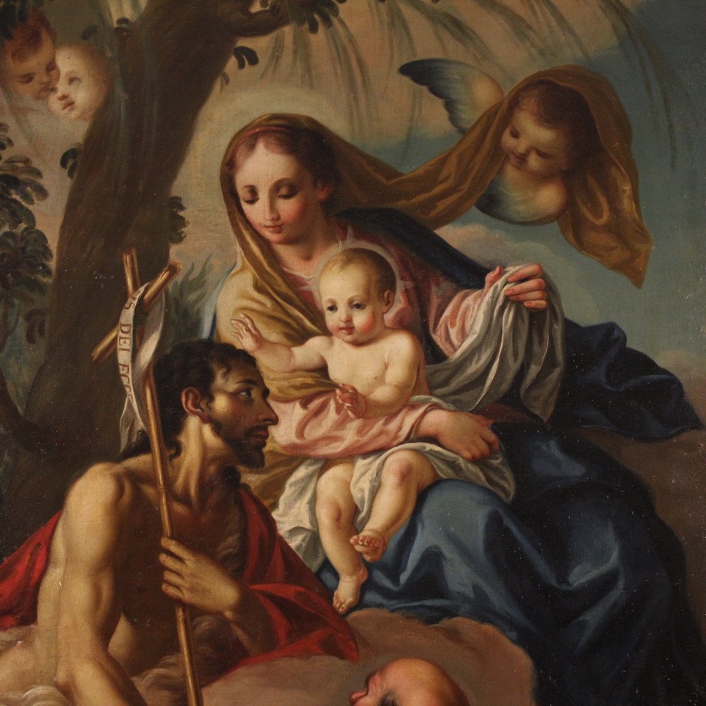 Grande dipinto italiano Madonna con bambino, San Giovanni Battista e San Rocco del XVIII secolo-photo-4