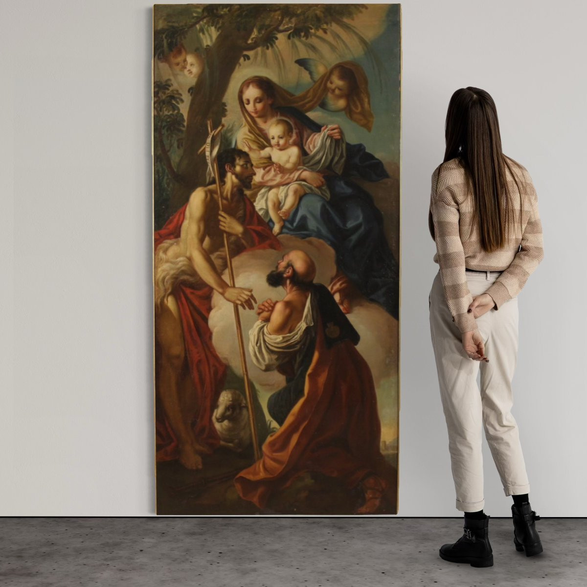 Grande dipinto italiano Madonna con bambino, San Giovanni Battista e San Rocco del XVIII secolo-photo-1