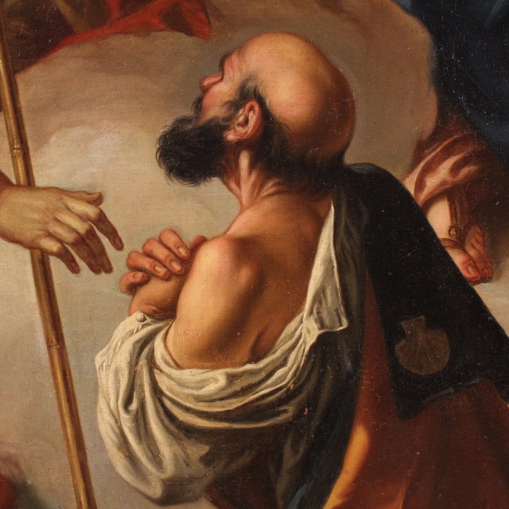 Grande dipinto italiano Madonna con bambino, San Giovanni Battista e San Rocco del XVIII secolo-photo-3