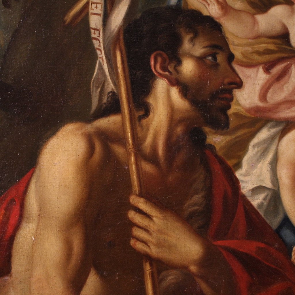 Grande dipinto italiano Madonna con bambino, San Giovanni Battista e San Rocco del XVIII secolo-photo-7