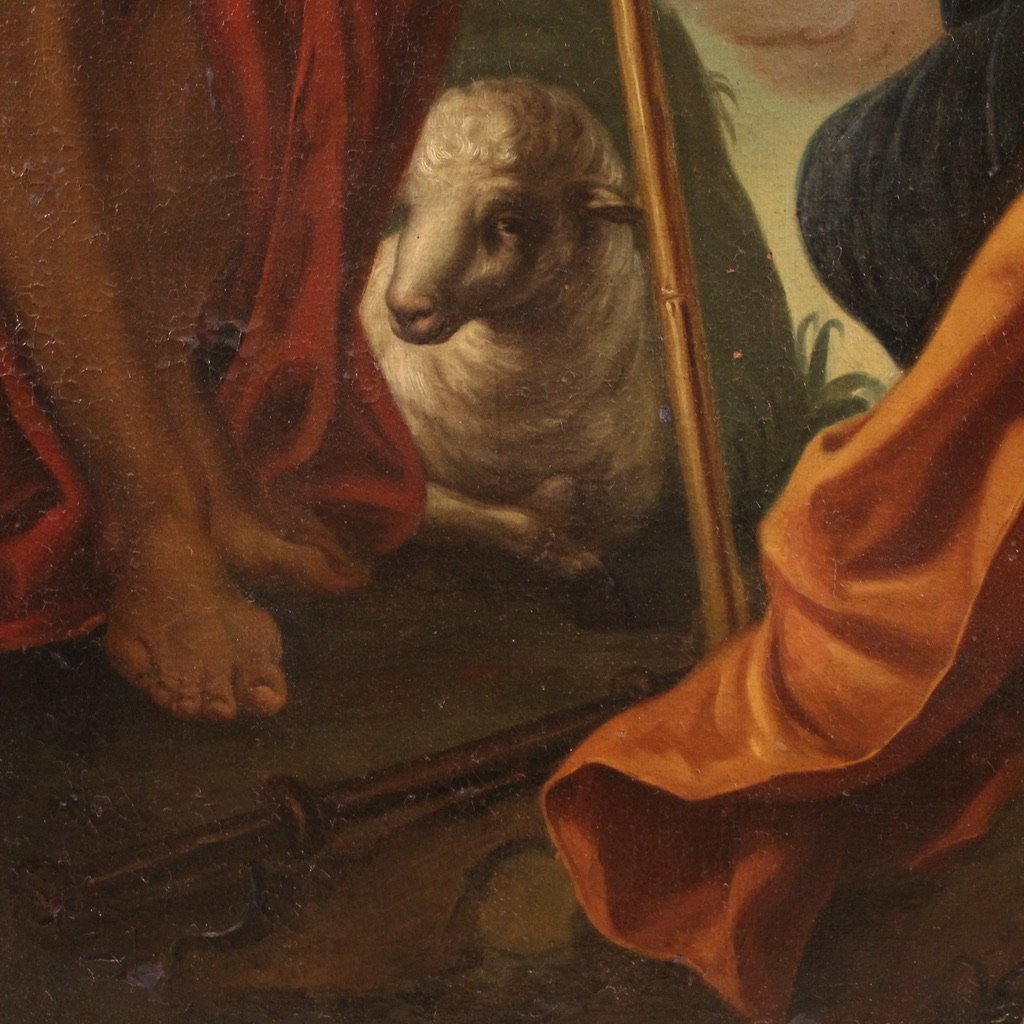 Grande dipinto italiano Madonna con bambino, San Giovanni Battista e San Rocco del XVIII secolo-photo-8