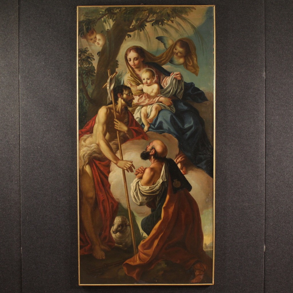 Grande dipinto italiano Madonna con bambino, San Giovanni Battista e San Rocco del XVIII secolo