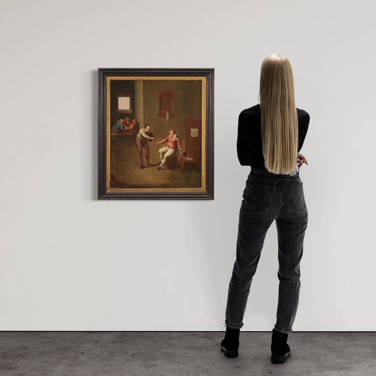 Antico dipinto fiammingo scena d'interno del XVII secolo-photo-3