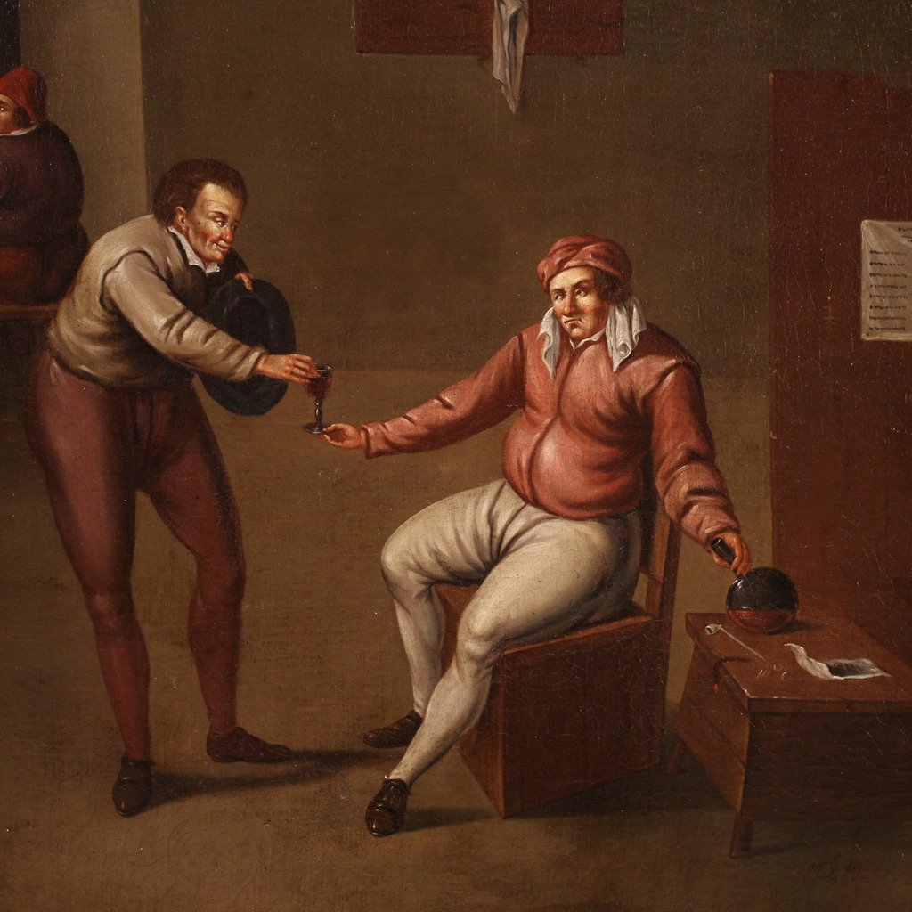 Antico dipinto fiammingo scena d'interno del XVII secolo-photo-1