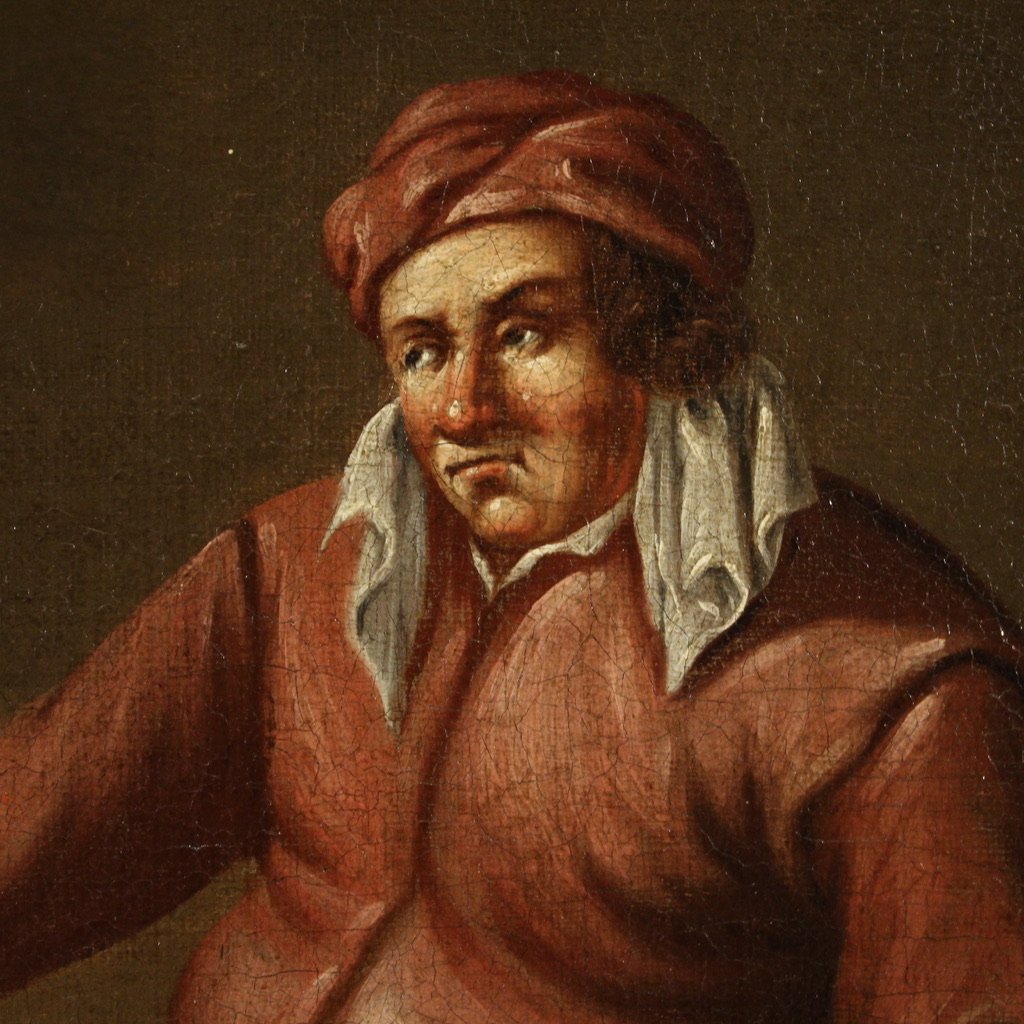 Antico dipinto fiammingo scena d'interno del XVII secolo-photo-5