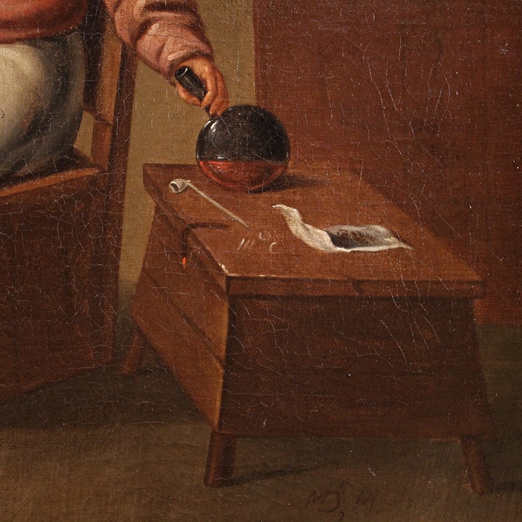 Antico dipinto fiammingo scena d'interno del XVII secolo-photo-6