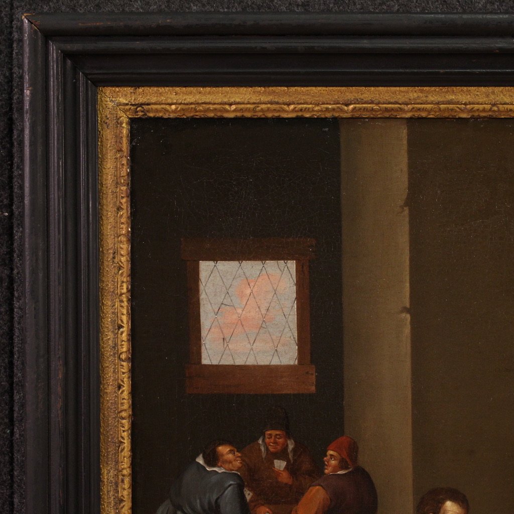 Antico dipinto fiammingo scena d'interno del XVII secolo-photo-7
