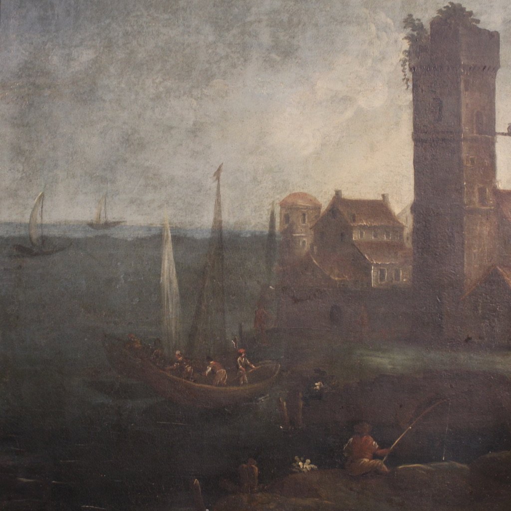 Antico dipinto francese marina del XVIII secolo-photo-2